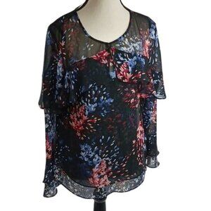 White House Black Market Womens Size 2 Sheer Floral Long Sleeve Blouse Top